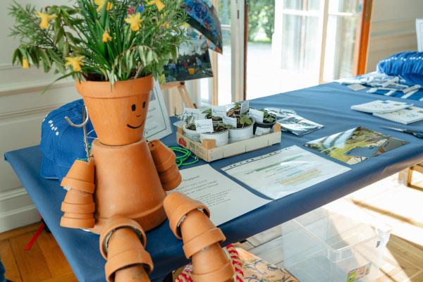 Picture of garden pot art with a plant instead. Art is sitting on a table