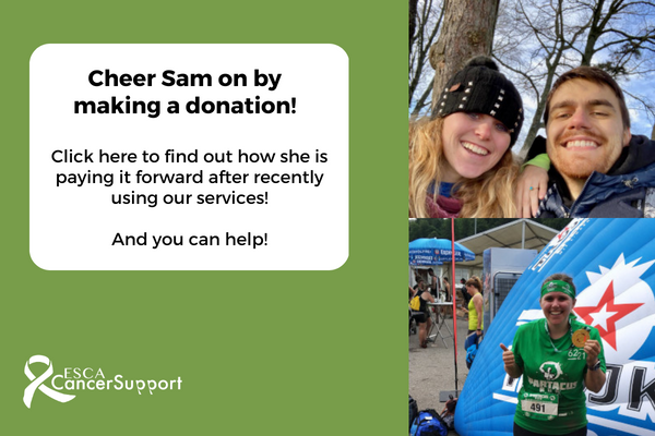 Text says "Cheer Sam on by making a donation* Click here to find out how to she is paying it forward after recently using our services! And you can help! Two pictures. One with Sam and her husband and the other one after she finished a race."