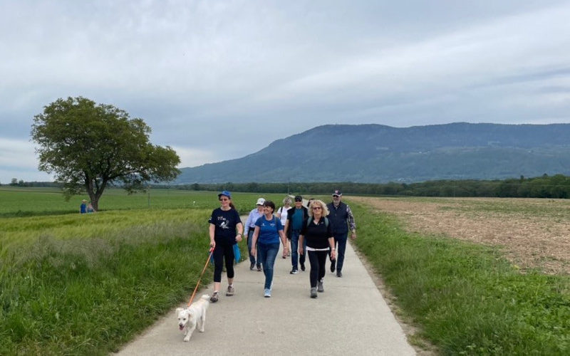 People walking with a mountains behind them