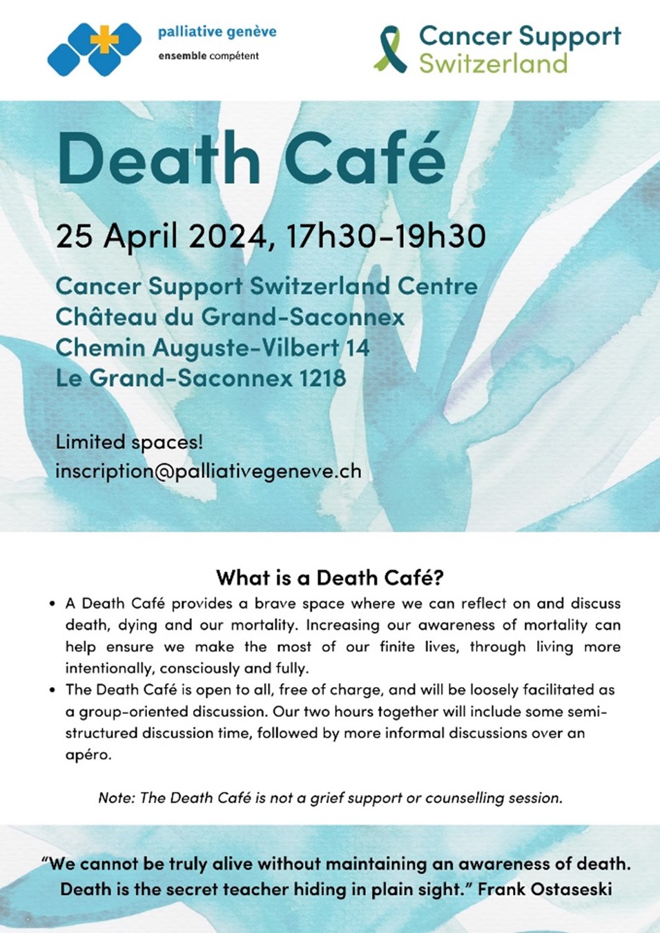 A flyer with information about a Death Cafe event being hosted by Cancer Support Switzerland and Palliative Genève