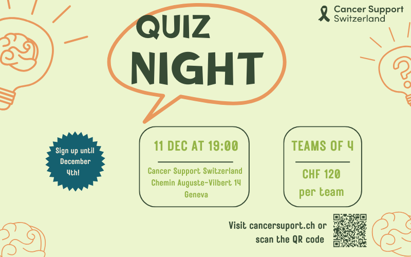 Flyer promoting Cancer Support Switzerland Quiz Night