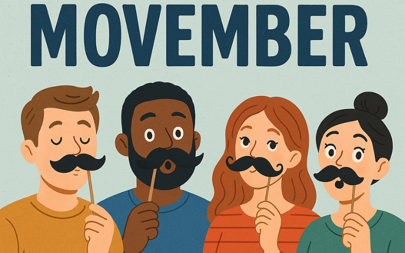 A graphic of men and women holding fake mustaches to promote Movember