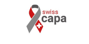 Red and gray cancer ribbon with the Swiss cross symbolizing the logo for Swiss CAPA