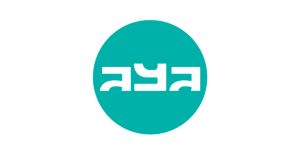 A blue green circle with white letters for the aya logo